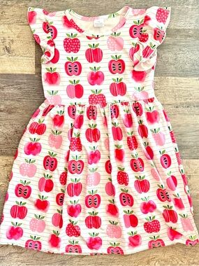 Girls 9-10 Pink Apple Print Cotton Dress - 100% Cotton School Pictures